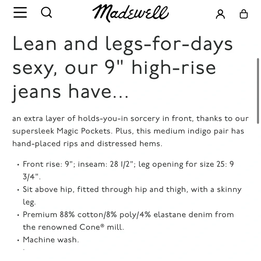 NWT Madewell High Rise Skinny Jeans Size 27